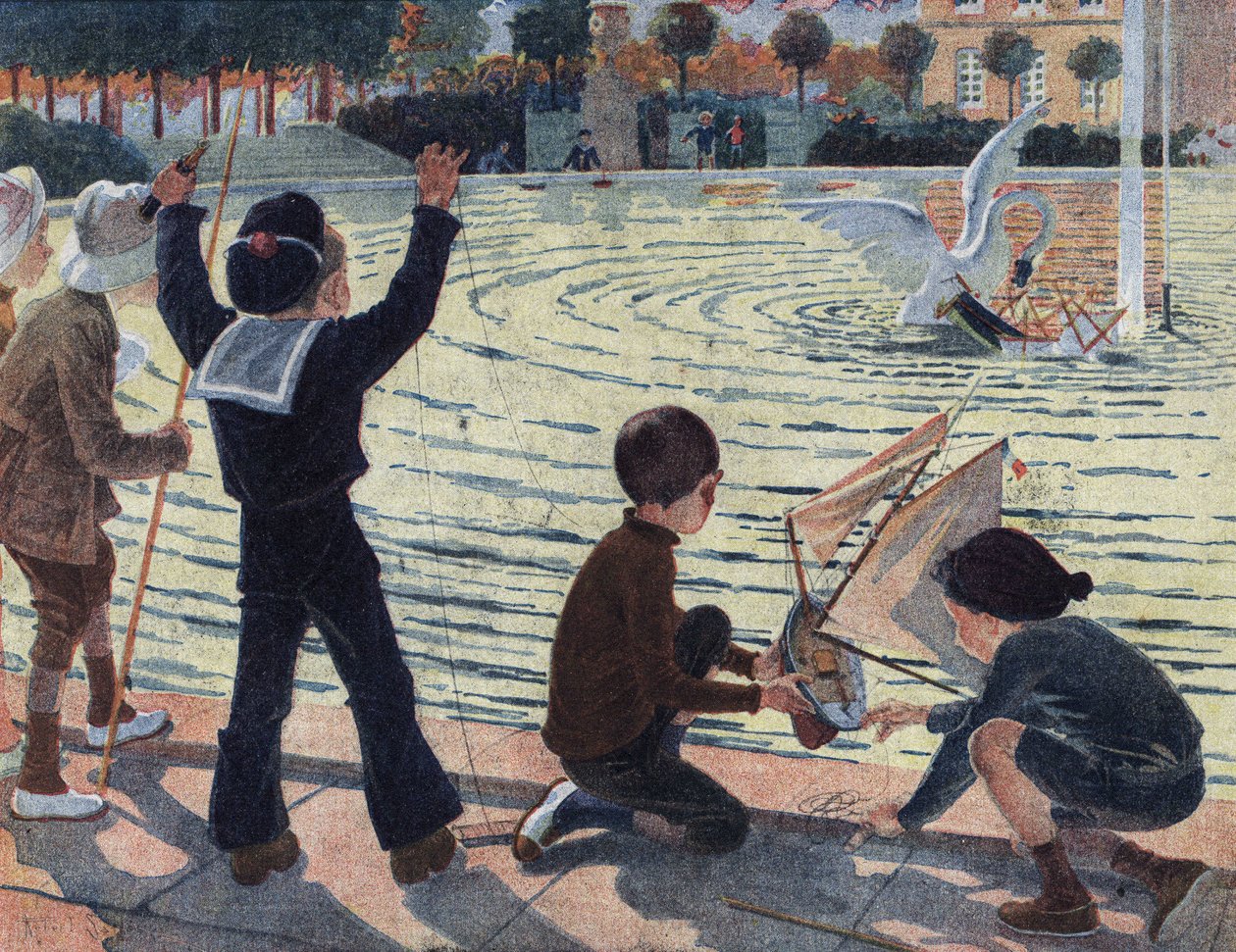 Um cisne ataca o barco de uma criança que brincava na piscina de um parque com os seus camaradas. Ilustração de Robert Salles (1871-1929) em "Je sais Lire". de Robert Salles