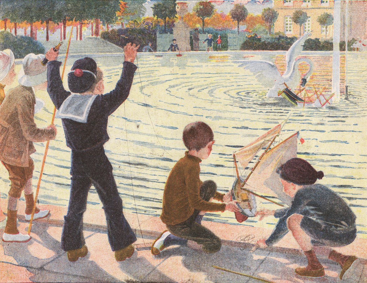 Um cisne a afundar o iate de brinquedo de um rapaz (litografia a cores) de Robert Salles