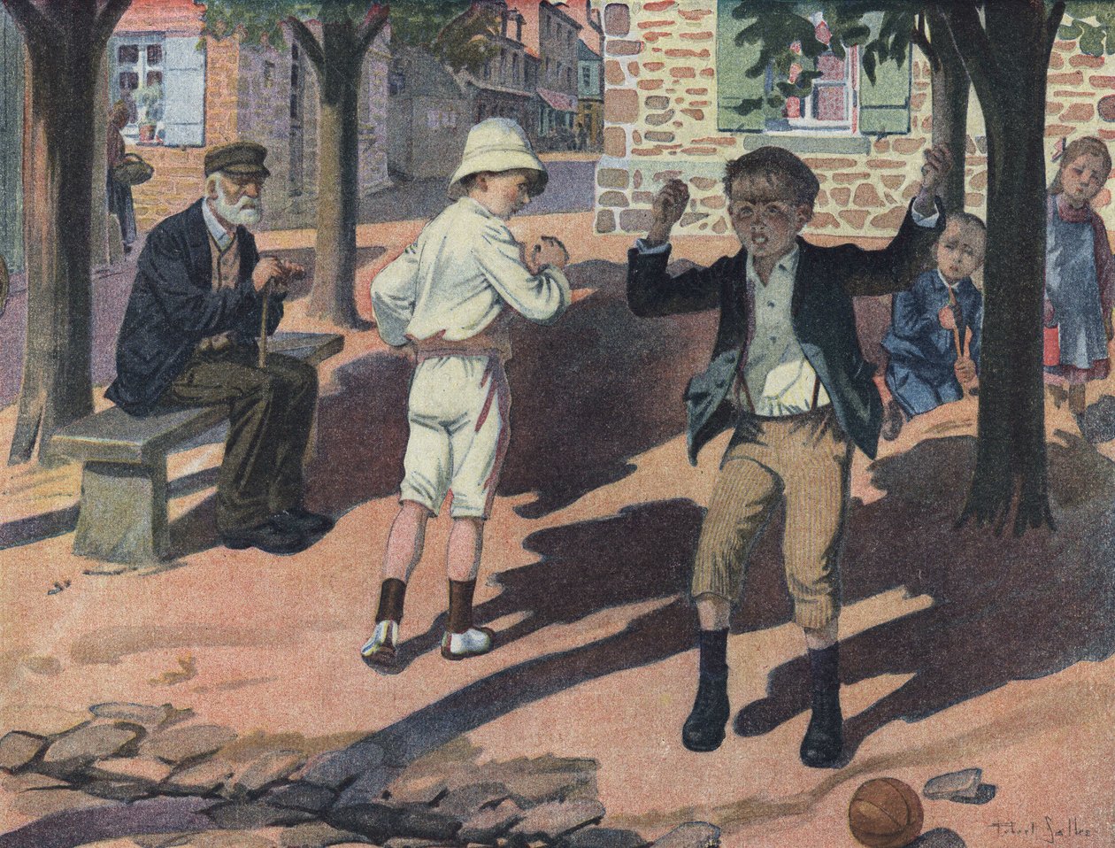 Um jovem rapaz fica zangado durante um jogo com os seus camaradas (mau jogador). Ilustração de Robert Salles (1871-1929) em "Je sais Lire". de Robert Salles