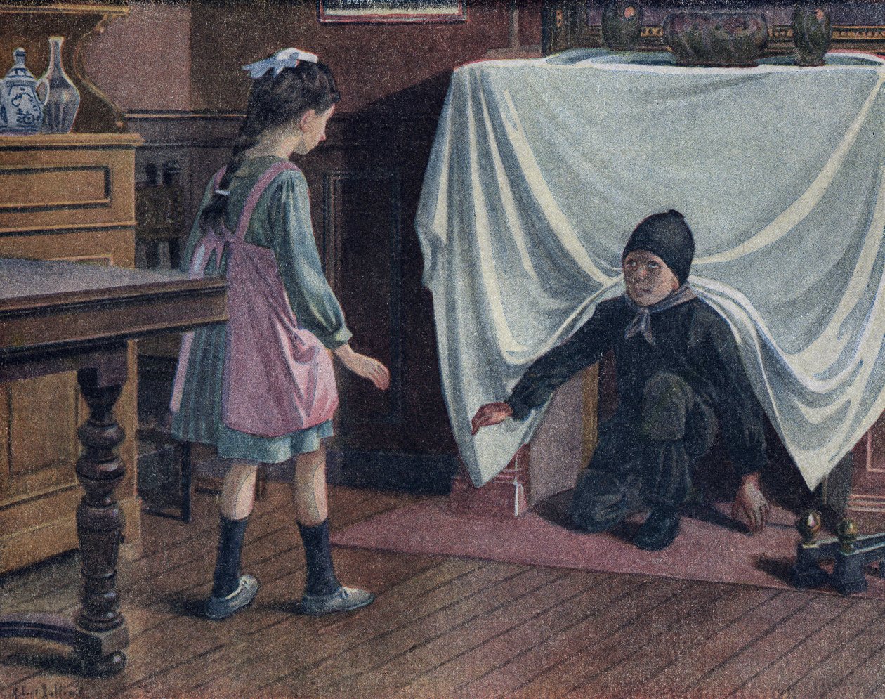 Uma jovem chaminé coberta de fuligem deixa a chaminé coberta por um lençol. Ele assusta uma menina que pensa que ele é o diabo. Ilustração de Robert Salles (1871-1929) em "Je sais Lire". de Robert Salles