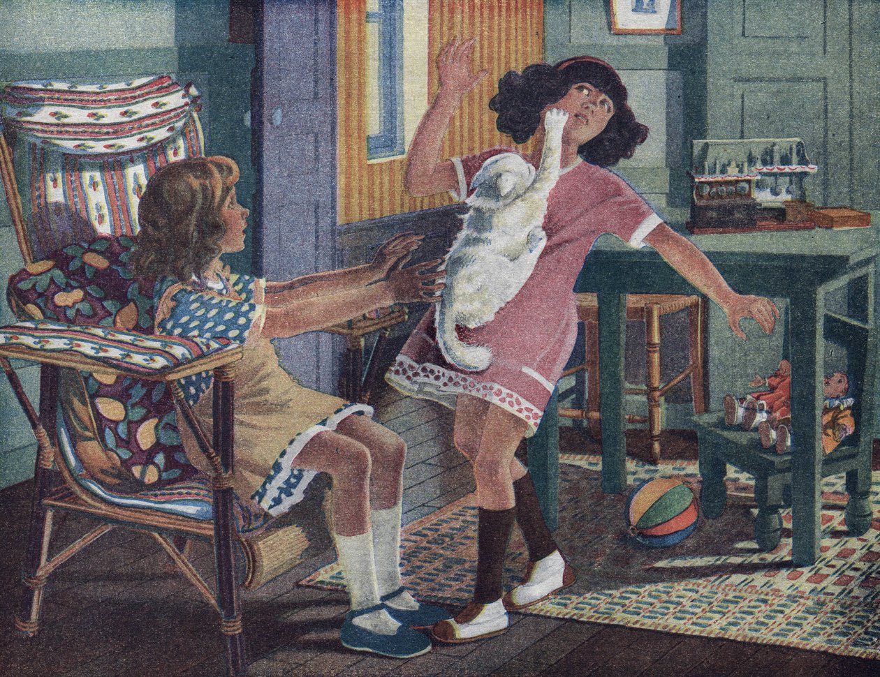 A gatinha da Annette: uma gatinha branca garra o rosto de uma menina brincando com sua amiga. Ilustração de Robert Salles (1871-1929) em "Je sais Lire". de Robert Salles