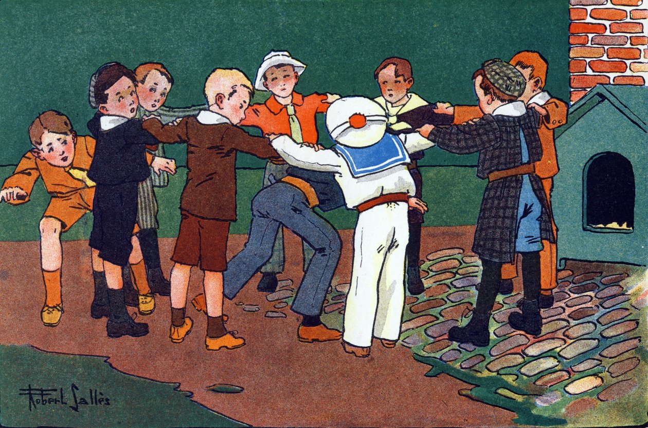 Gato e rato. Gravação em "O que estamos a jogar? "por E. Weber com desenhos a aguarela de Robert Salles (1871-1929). Librairie Garnier Freres, Paris de Robert Salles