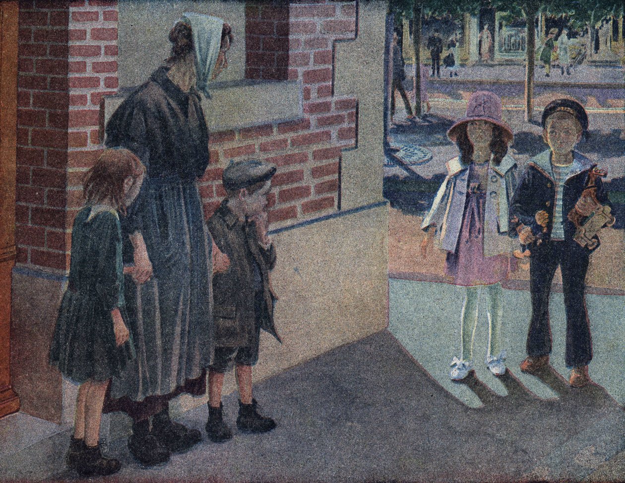Caridade: uma mãe e seus dois filhos pedem um ex-aluno a um menino e uma menina na rua que lhes dará suas economias e seus brinquedos. Ilustração de Robert Salles (1871-1929) em "Je sais Lire". de Robert Salles