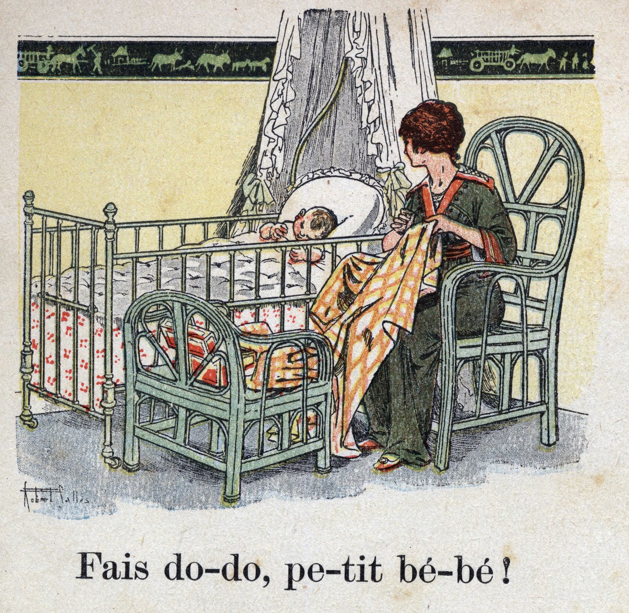 O livro infantil "I will read - Methodic and fun alfabeto by a dad" 1926. Ilustração de Robert Salles (1871-1929). "Dorme, bebé bebé! “. Uma mãe costura no quarto do seu filho à espera que o seu bebé durma. de Robert Salles