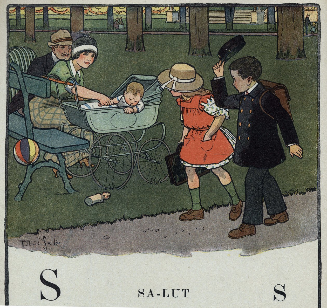 O livro infantil "I will read - Methodic and fun alfabeto by a dad" 1926. Ilustração de Robert Salles (1871-1929). Abecedário: letra S como Salut. Um menino cumprimenta um casal e seu bebê levantando seu boné. de Robert Salles