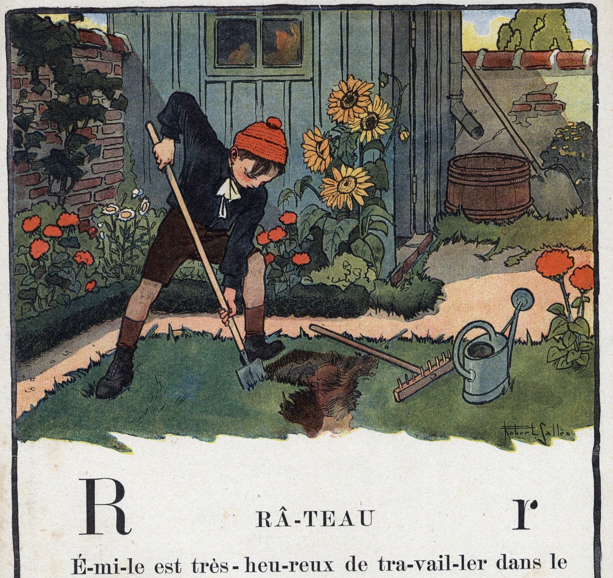 O livro infantil "I will read - Methodic and fun alfabeto by a dad" 1926. Ilustração de Robert Salles (1871-1929). Abecedaire: letra R como Rake. O jardim de um menino no jardim da sua casa. de Robert Salles
