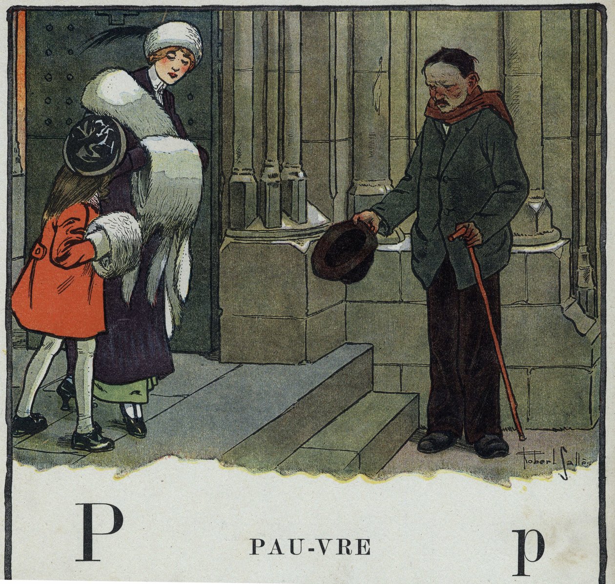 O livro infantil "I will read - Methodic and fun alfabeto by a dad" 1926. Ilustração de Robert Salles (1871-1929). Abecedaire: letra P como pobre. Um mendigo faz a manga fora da igreja. de Robert Salles