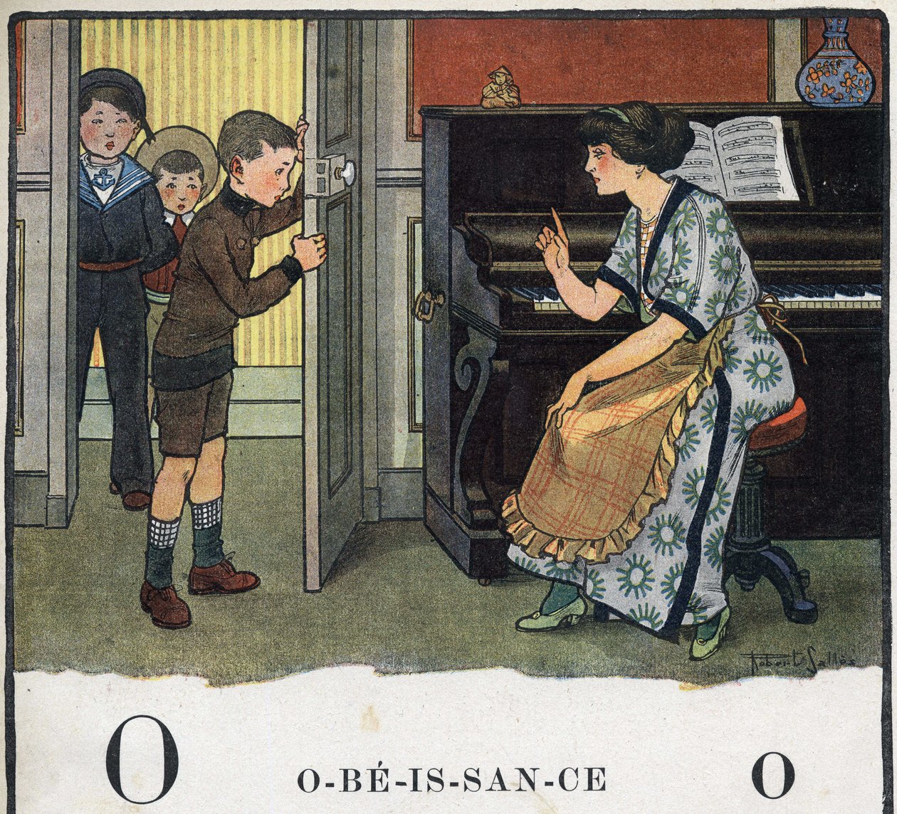 O livro infantil "I will read - Methodic and fun alfabeto by a dad" 1926. Ilustração de Robert Salles (1871-1929). Abecedário: letra O como Obediência. Uma mãe repreende seus filhos. de Robert Salles