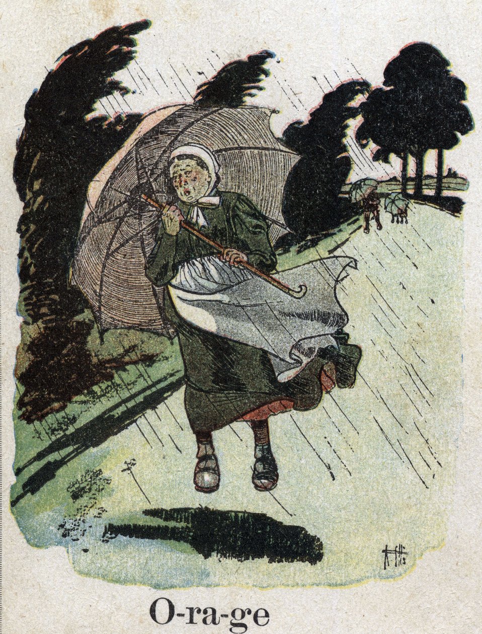 O livro infantil "I will read - Methodic and fun alfabeto by a dad" 1926. Ilustração de Robert Salles (1871-1929). "Tempestade": uma mulher nos abrigos de chuva com o seu guarda-chuva. de Robert Salles