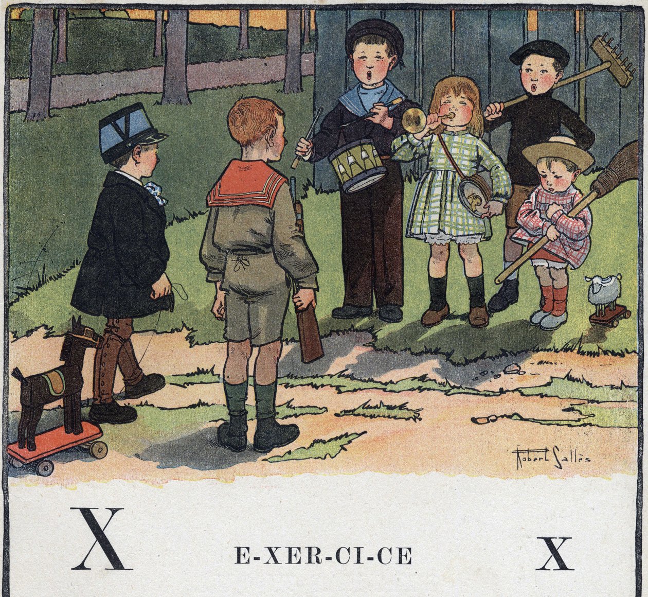 O livro infantil "I will read - Methodic and fun alfabeto by a dad" 1926. Ilustração de Robert Salles (1871-1929). Abecedário: letra X como Exercício. As crianças brincam de militar. de Robert Salles