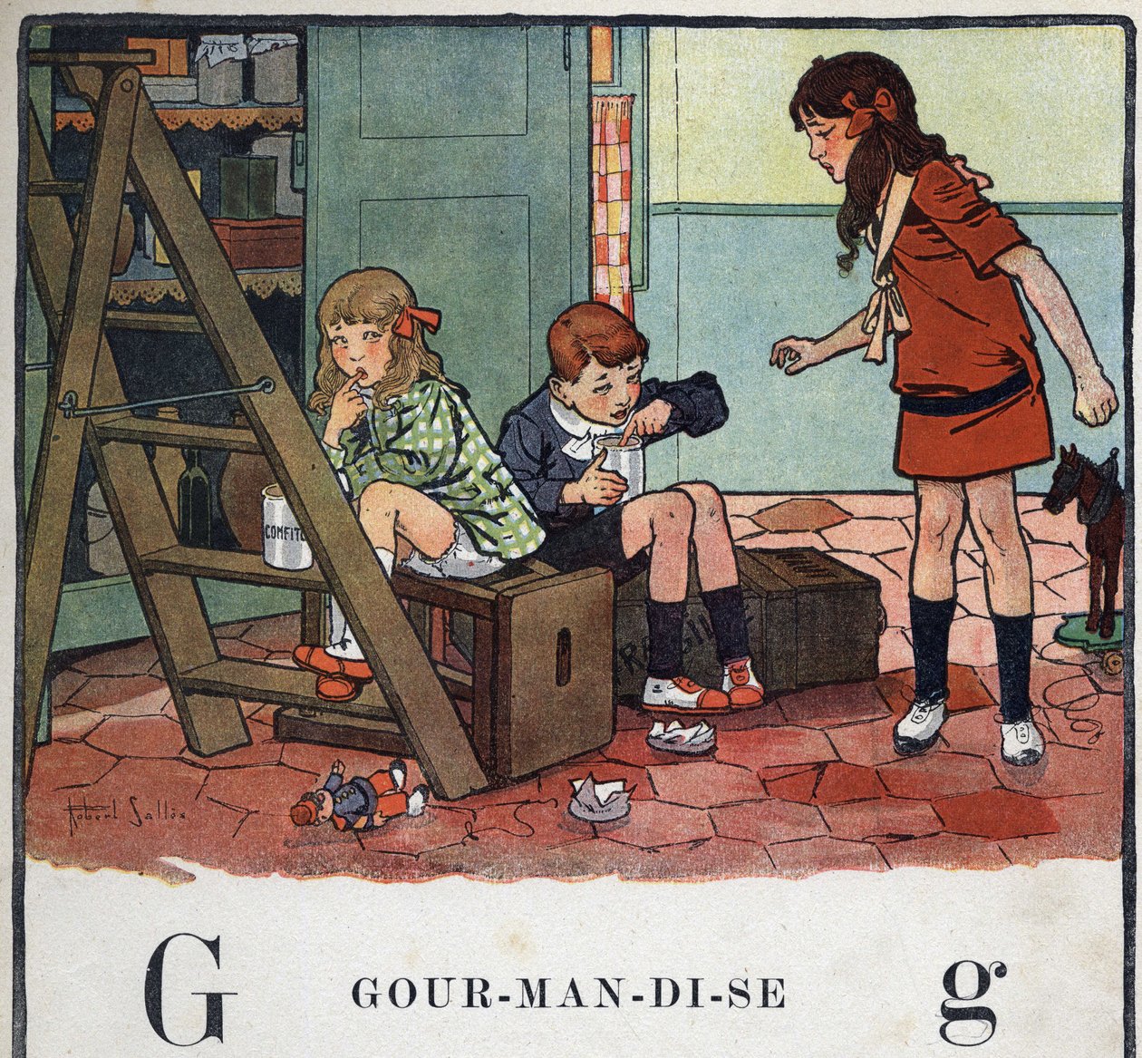 O livro infantil "I will read - Methodic and fun alfabeto by a dad" 1926. Ilustração de Robert Salles (1871-1929). Abecedário: letra G como Gourmandise. Meninos e meninas comendo frutas cristalizadas em segredo. de Robert Salles