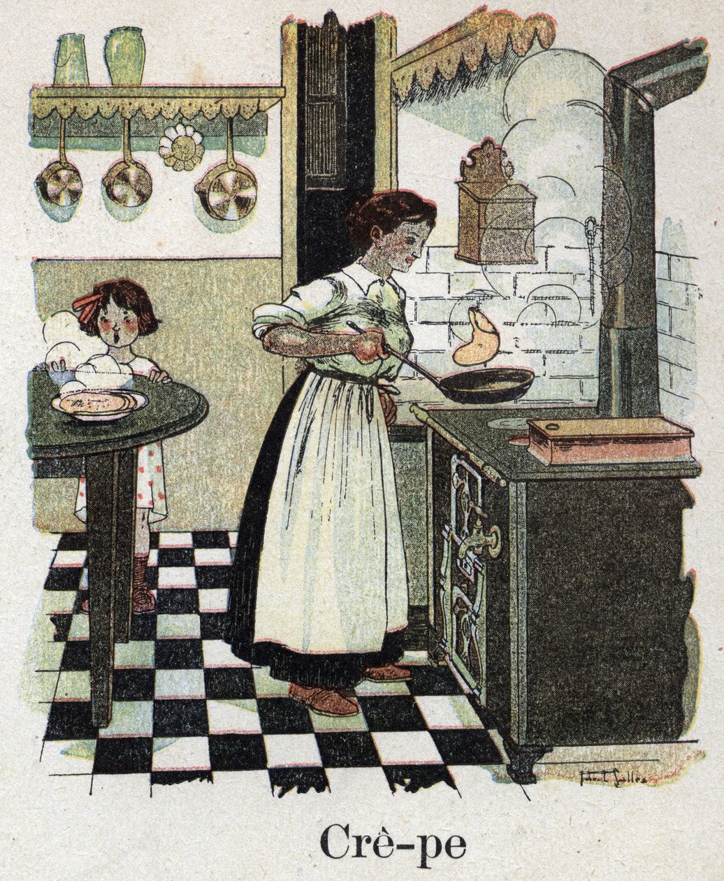 O livro infantil "I will read - Methodic and fun alfabeto by a dad" 1926. Ilustração de Robert Salles (1871-1929). A mãe sopra os crepes na frigideira. de Robert Salles
