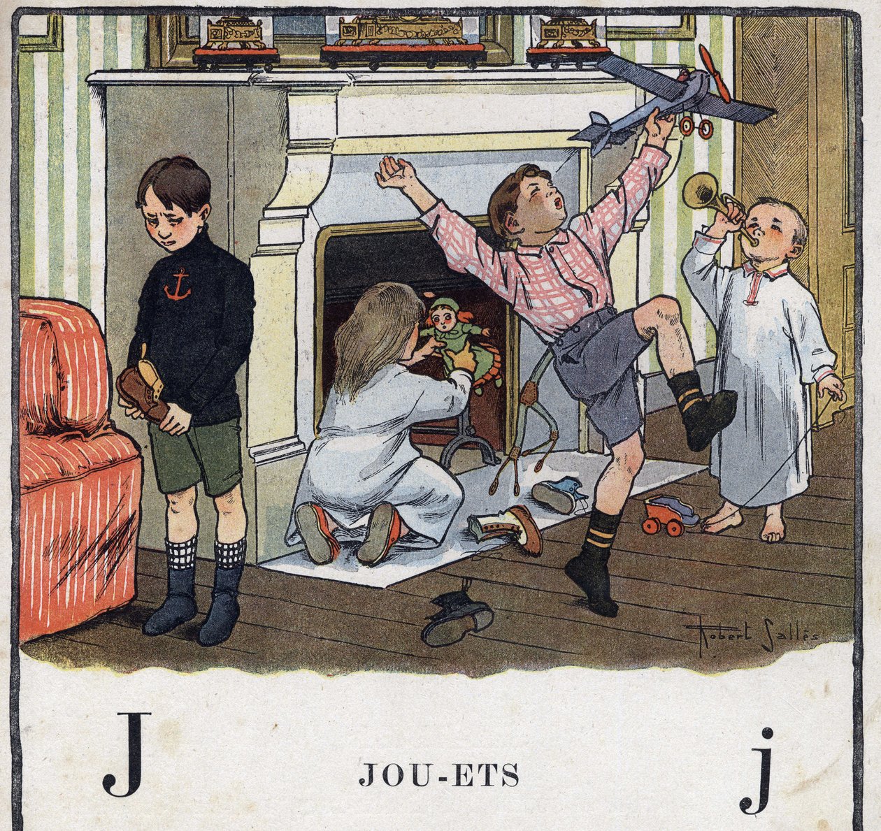 O livro infantil "I will read - Methodic and fun alfabeto by a dad" 1926. Ilustração de Robert Salles (1871-1929). Abecedaire: letra J como Brinquedos. As crianças receberam brinquedos em seus sapatos e se divertiram com eles. Uma das crianças não recebeu  de Robert Salles