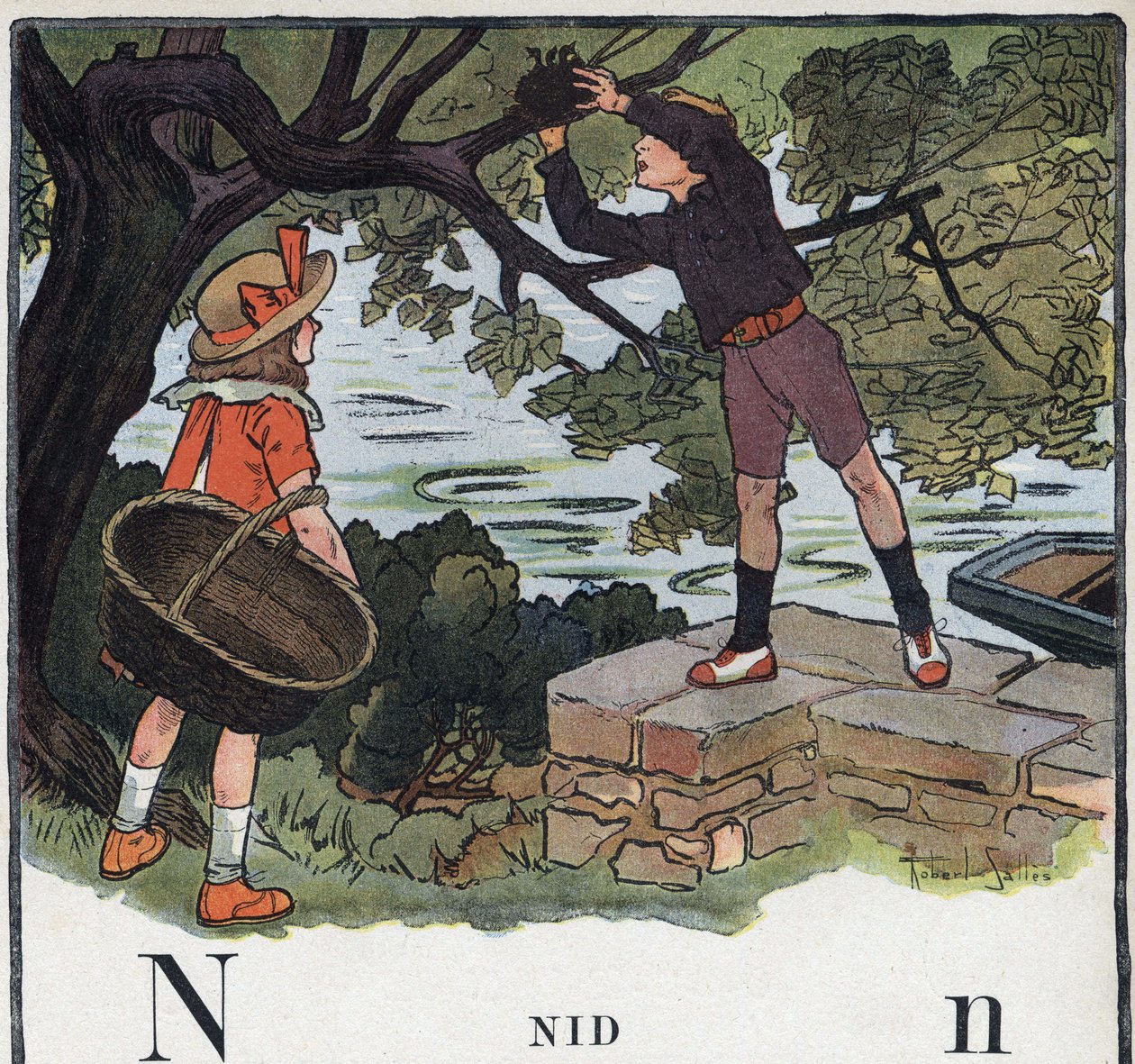 O livro infantil "I will read - Methodic and fun alfabeto by a dad" 1926. Ilustração de Robert Salles (1871-1929). Abecedário: letra N como Ninho. Um menino toma um ninho construído sobre uma árvore. de Robert Salles