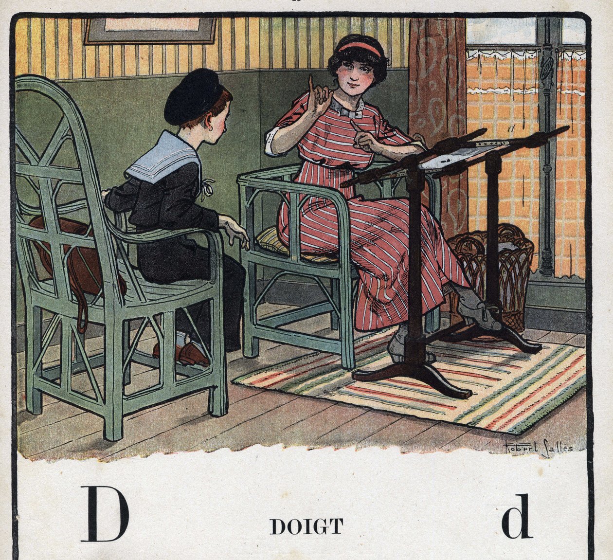 O livro infantil "I will read - Methodic and fun alfabeto by a dad" 1926. Ilustração de Robert Salles (1871-1929). Abecedário: letra D como Dedo. Uma mãe explica ao seu filho o bordado. de Robert Salles