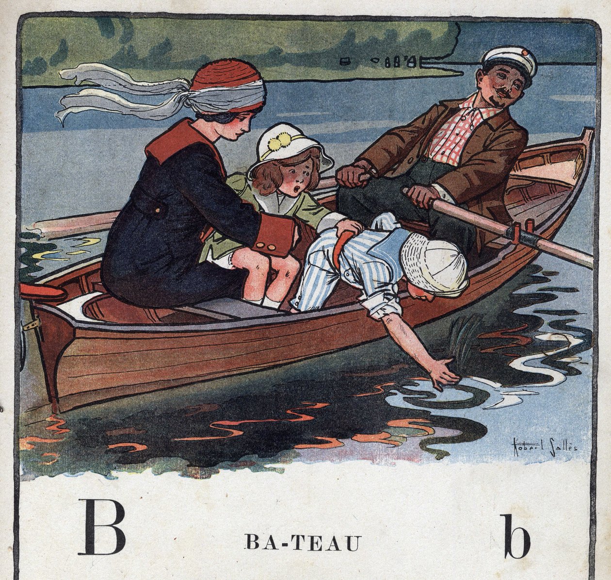 O livro infantil "I will read - Methodic and fun alfabeto by a dad" 1926. Ilustração de Robert Salles (1871-1929). Abecedaire: letra B como Barco. Uma família em um barco dá um passeio a pé. de Robert Salles