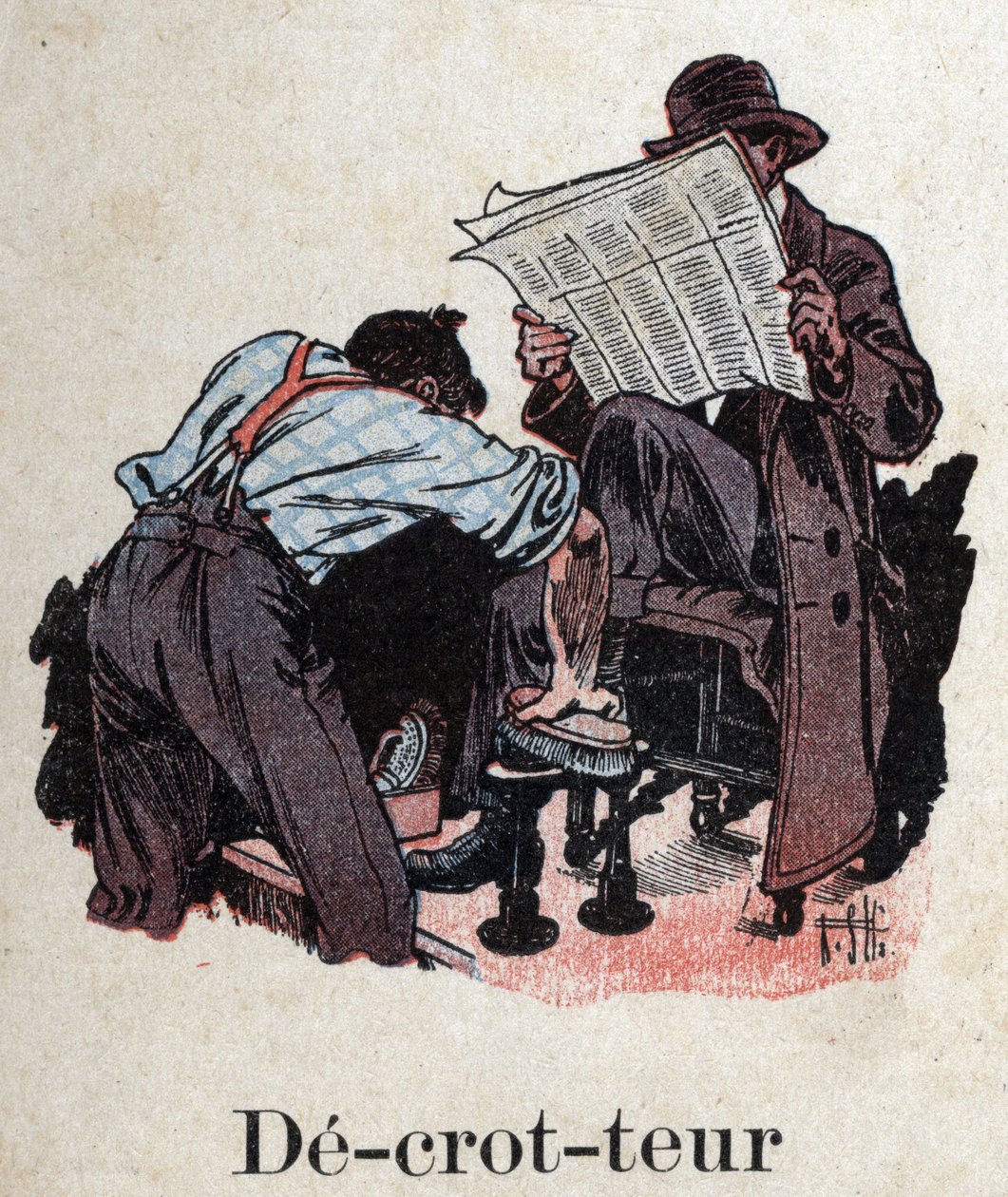 O livro infantil "I will read - Methodic and fun alfabeto by a dad" 1926. Ilustração de Robert Salles (1871-1929). "Decrotteur": um engraxador limpa os sapatos de um cliente que lê o jornal. de Robert Salles
