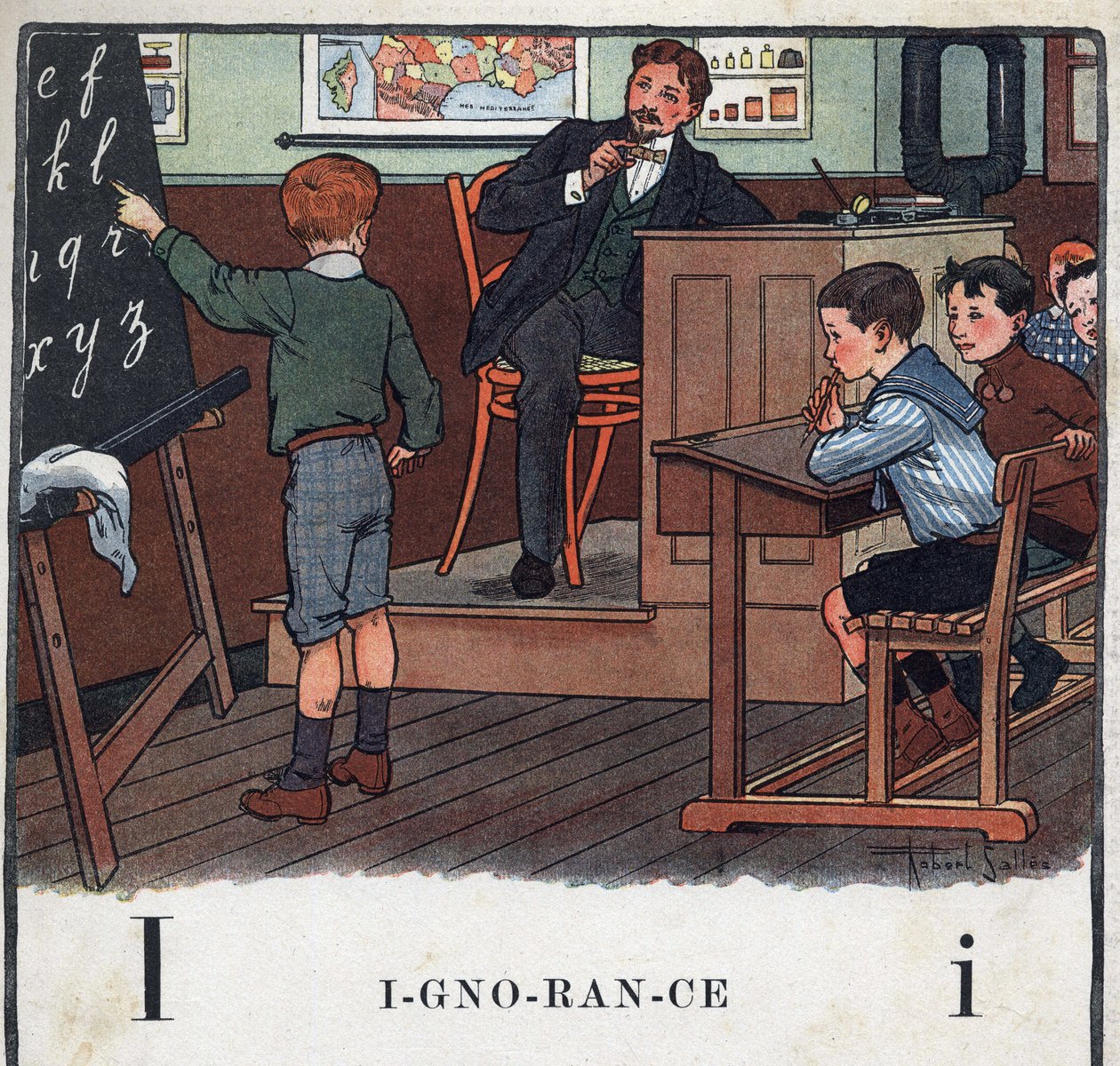 O livro infantil "I will read - Methodic and fun alfabeto by a dad" 1926. Ilustração de Robert Salles (1871-1929). Abecedário: letra I como Ignorância. Um menino recita o alfabeto no quadro. de Robert Salles