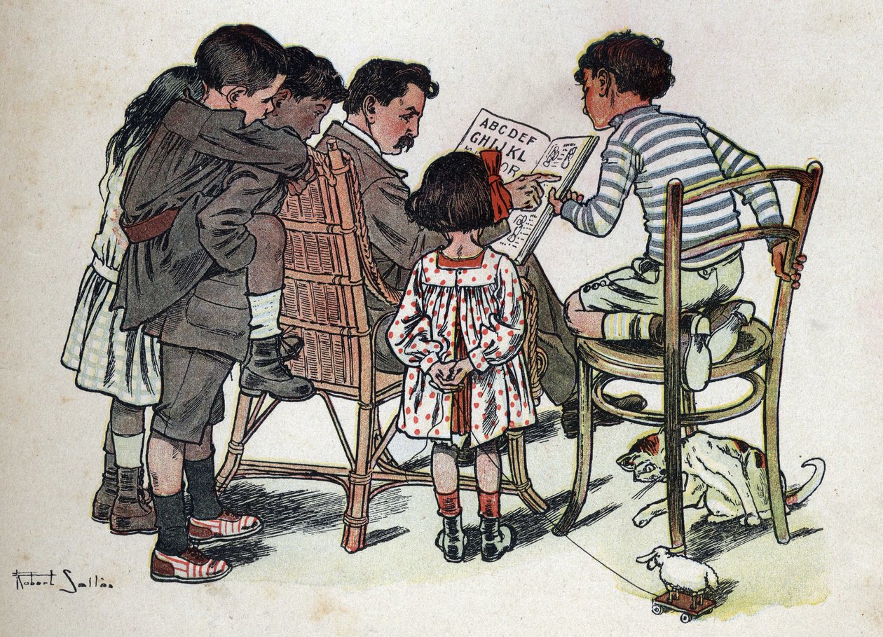 O livro infantil "I will read - Methodic and fun alfabeto by a dad" 1926. Ilustração de Robert Salles (1871-1929). Um pai de família ensina as crianças a ler. de Robert Salles