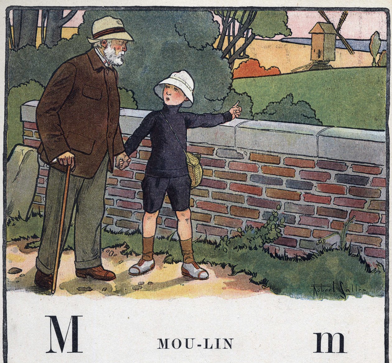 O livro infantil "I will read - Methodic and fun alfabeto by a dad" 1926. Ilustração de Robert Salles (1871-1929). Abecedaire: letra M como Moulin. Um menino caminha com seu avô. Ele aponta para um moinho de vento. de Robert Salles