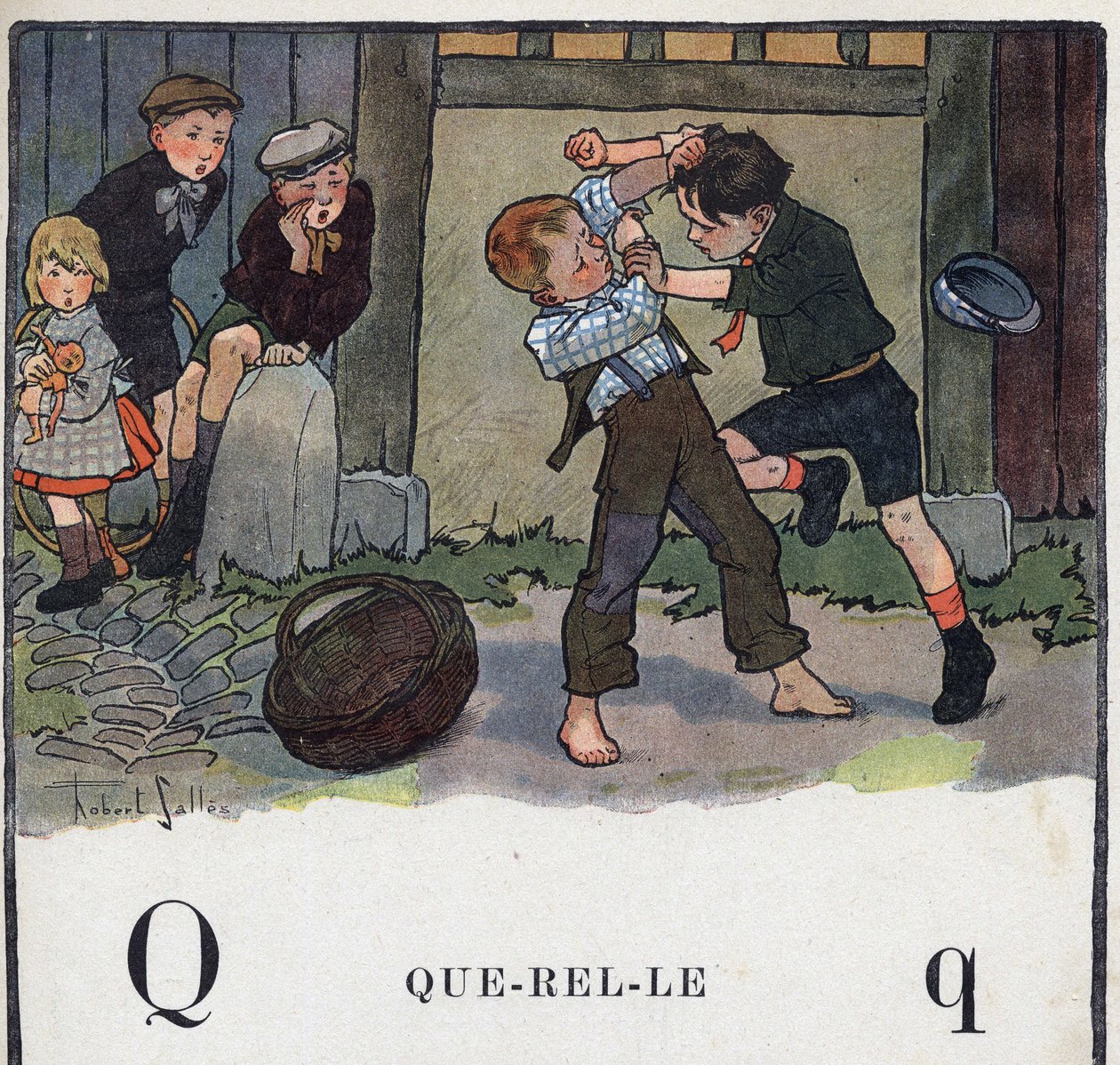 O livro infantil "I will read - Methodic and fun alfabeto by a dad" 1926. Ilustração de Robert Salles (1871-1929). Abecedaire: letra Q como Querelle. Dois meninos brigam no pátio. de Robert Salles