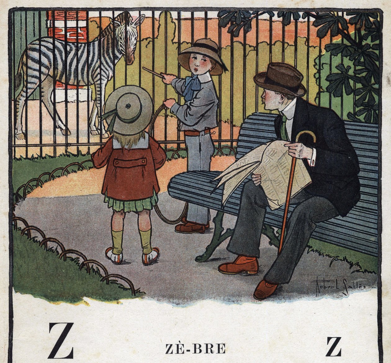 O livro infantil "I will read - Methodic and fun alfabeto by a dad" 1926. Ilustração de Robert Salles (1871-1929). Abecedaire: letra Z como Zebra. As crianças, com um aro, olham para uma zebra num jardim zoológico. de Robert Salles