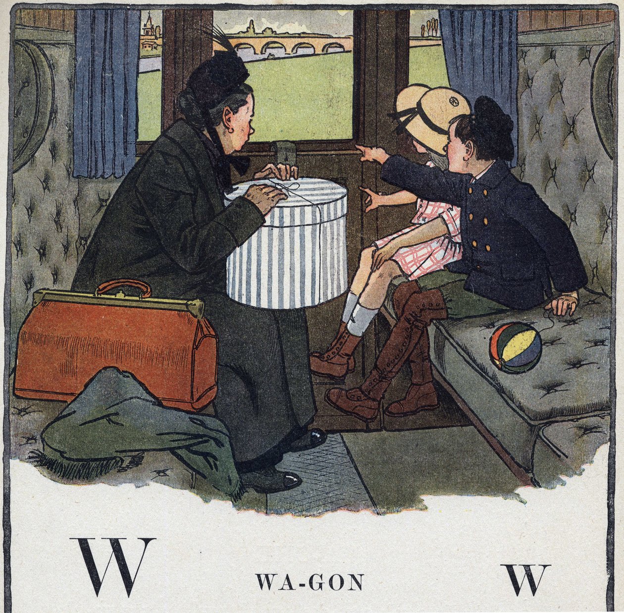 O livro infantil "I will read - Methodic and fun alfabeto by a dad" 1926. Ilustração de Robert Salles (1871-1929). Abecedaire: carta W as Wagon. Duas crianças com sua mãe viajam em um compartimento de trem. de Robert Salles