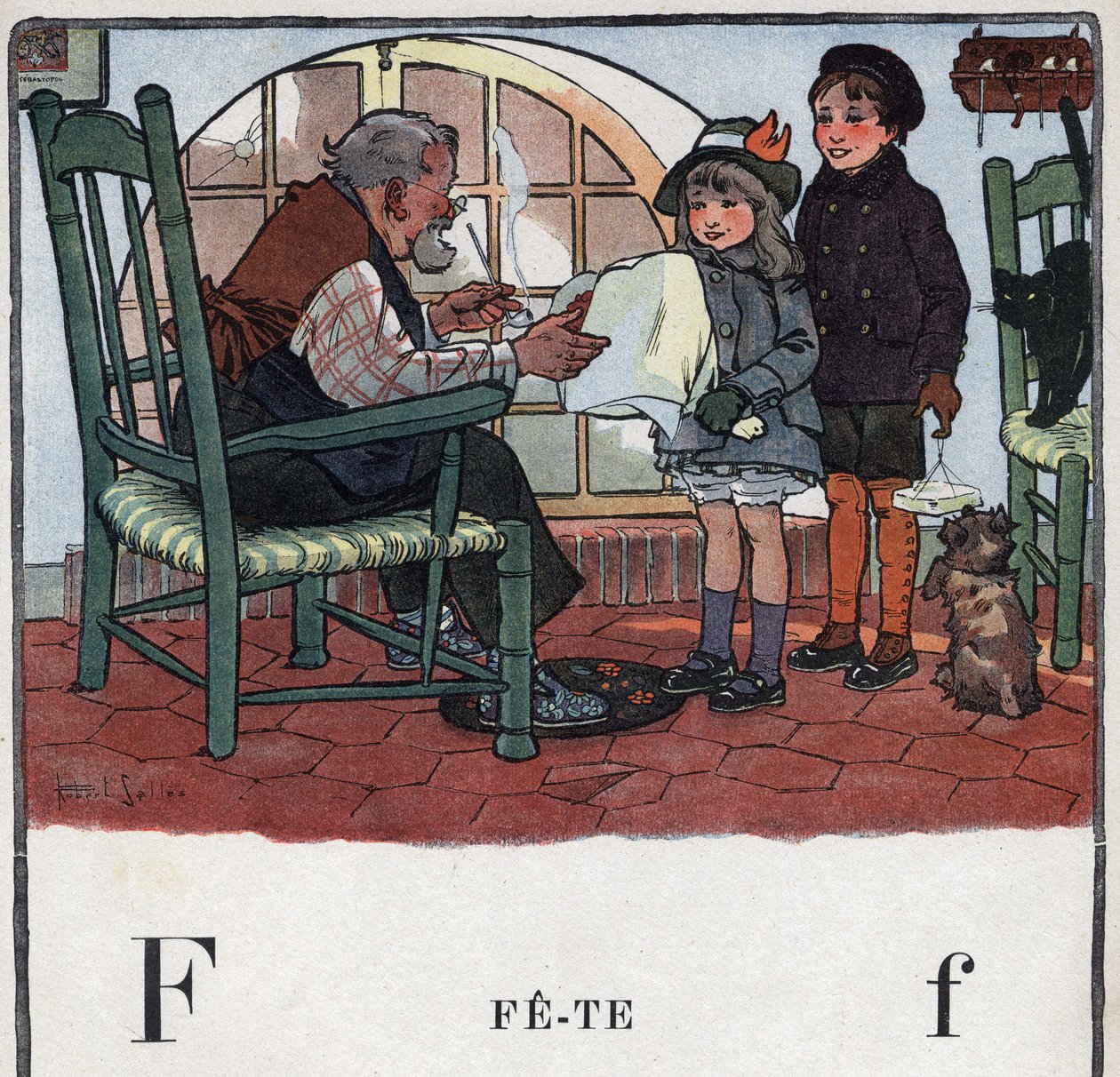 O livro infantil "I will read - Methodic and fun alfabeto by a dad" 1926. Ilustração de Robert Salles (1871-1929). Abecedaire: letra F como Fete. Uma menina e um menino oferecem presentes para a festa do avô deles. de Robert Salles