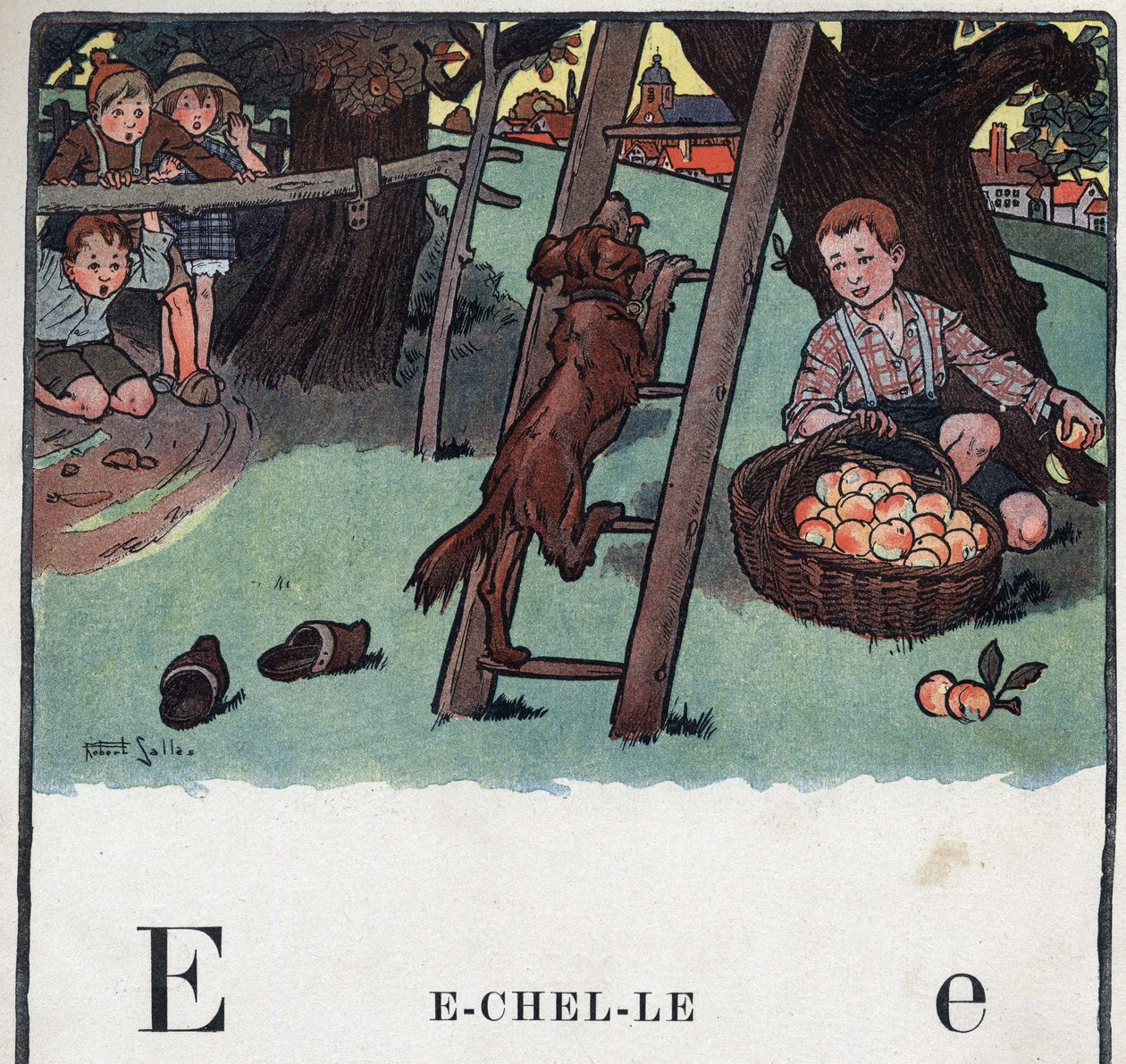 O livro infantil "I will read - Methodic and fun alfabeto by a dad" 1926. Ilustração de Robert Salles (1871-1929). Abecedário: letra E como Escala. Um cão sobe para a escada posa contra uma macieira. de Robert Salles