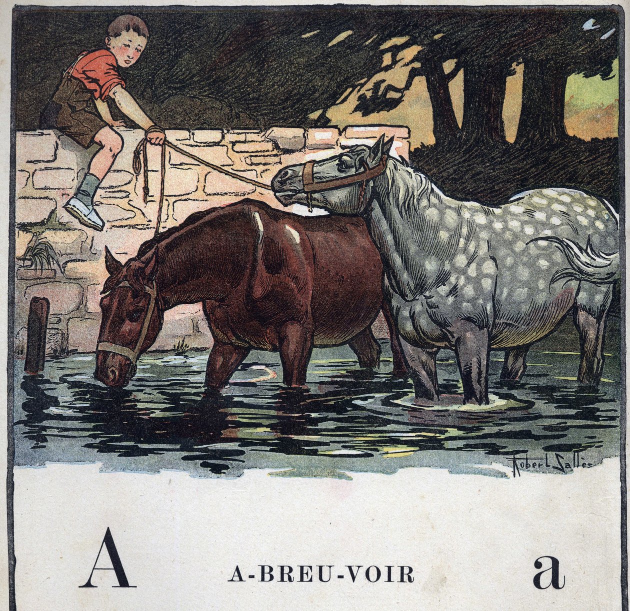 O livro infantil "I will read - Methodic and fun alfabeto by a dad" 1926. Ilustração de Robert Salles (1871-1929). Abecedário: letra A como Água Potável. Dois cavalos bebem água. de Robert Salles