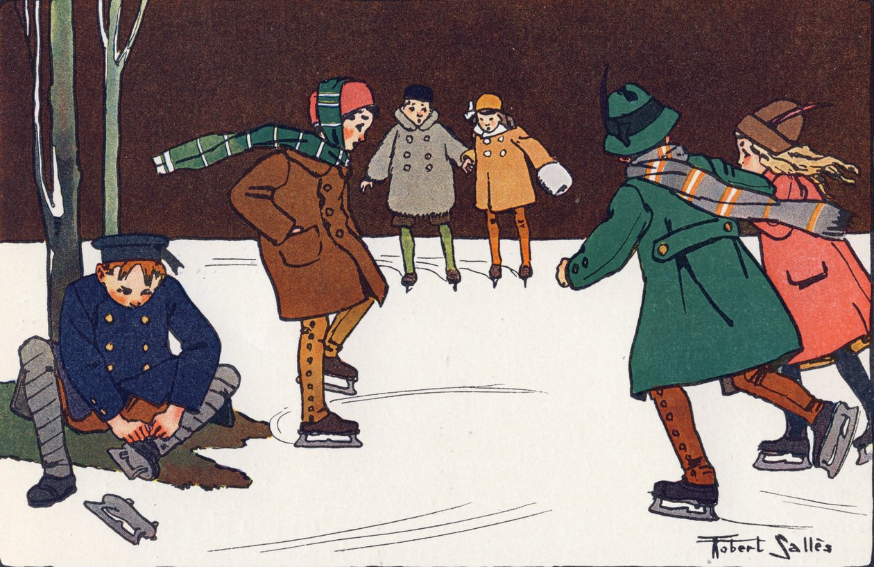 Patinagem no gelo. Gravação em "O que estamos a jogar? "por E. Weber com desenhos a aguarela de Robert Salles (1871-1929). Librairie Garnier Freres, Paris de Robert Salles