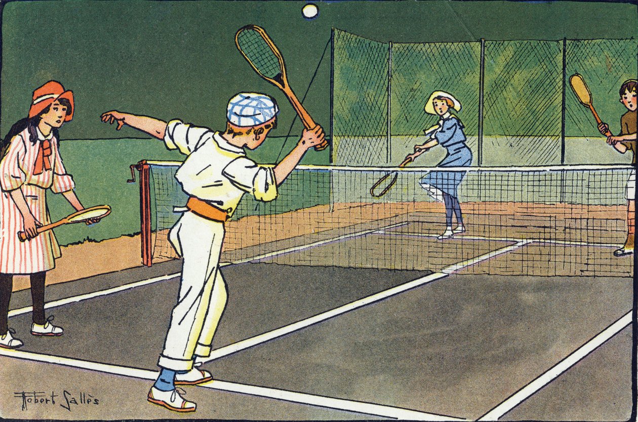 Ténis de relva. Gravação em "O que estamos a jogar? "por E. Weber com desenhos a aguarela de Robert Salles (1871-1929). Librairie Garnier Freres, Paris de Robert Salles
