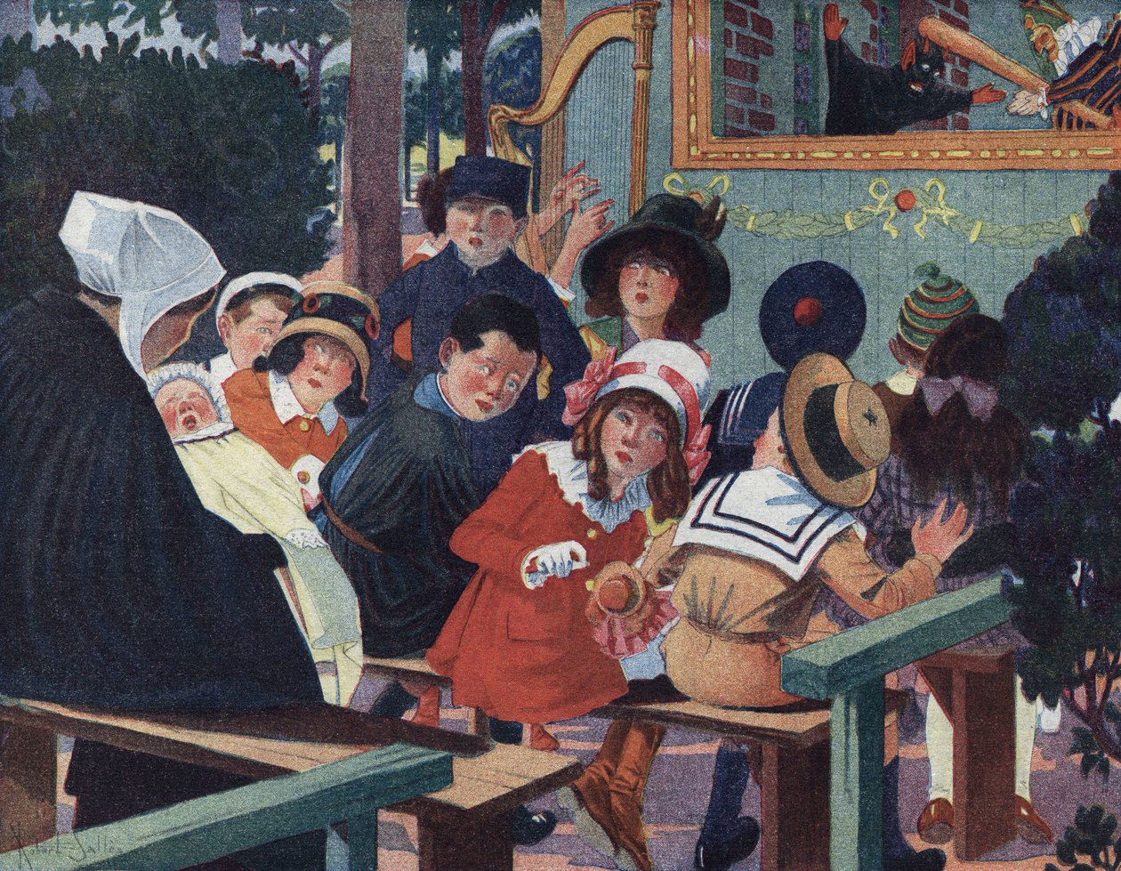 Puppet Show: As crianças no teatro de guignol são perturbadas por um bebé a chorar. Ilustração de Robert Salles (1871-1929) em "Je sais Lire". de Robert Salles