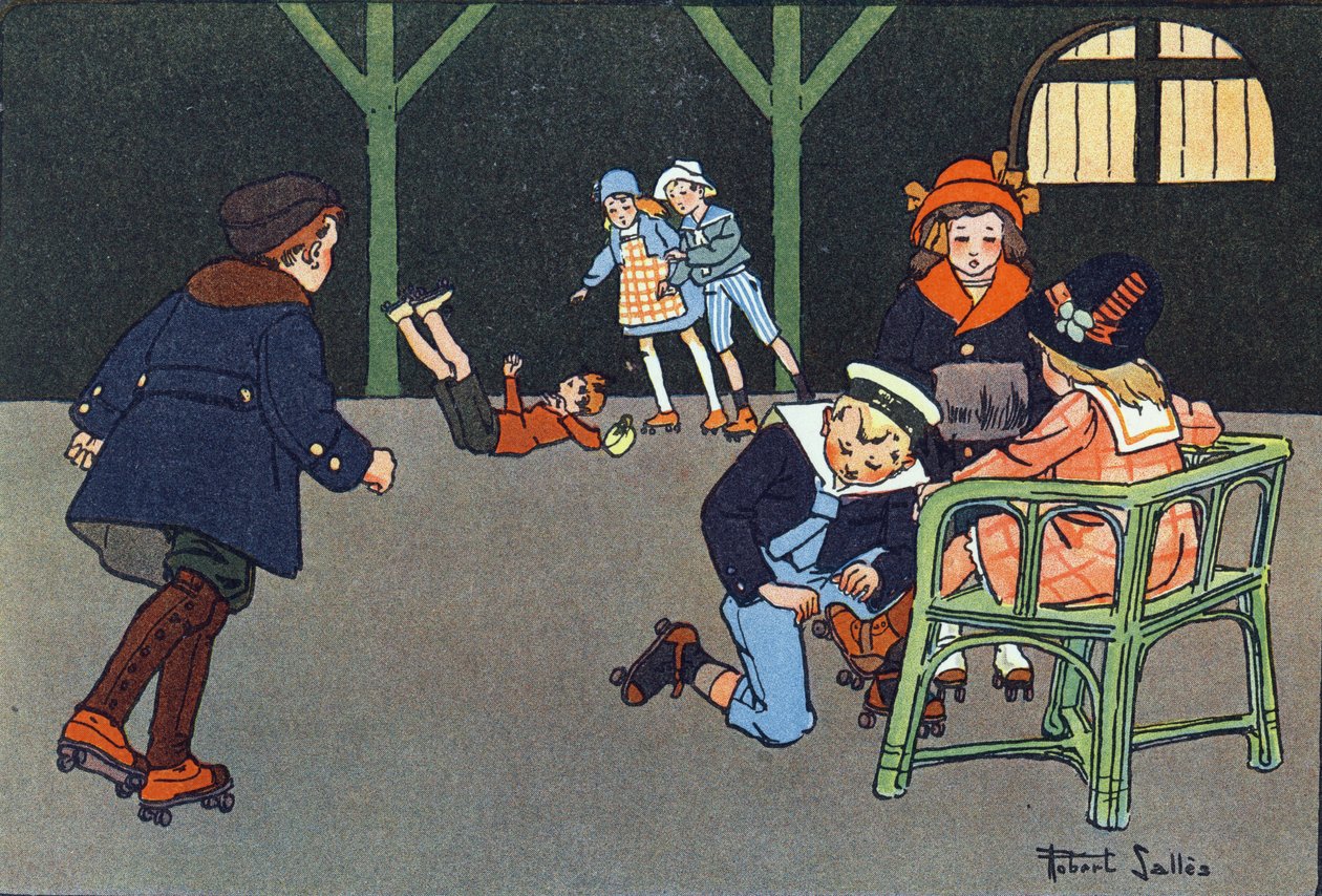 Patinagem a rolo. Gravação em "O que estamos a jogar? "por E. Weber com desenhos a aguarela de Robert Salles (1871-1929). Librairie Garnier Freres, Paris de Robert Salles
