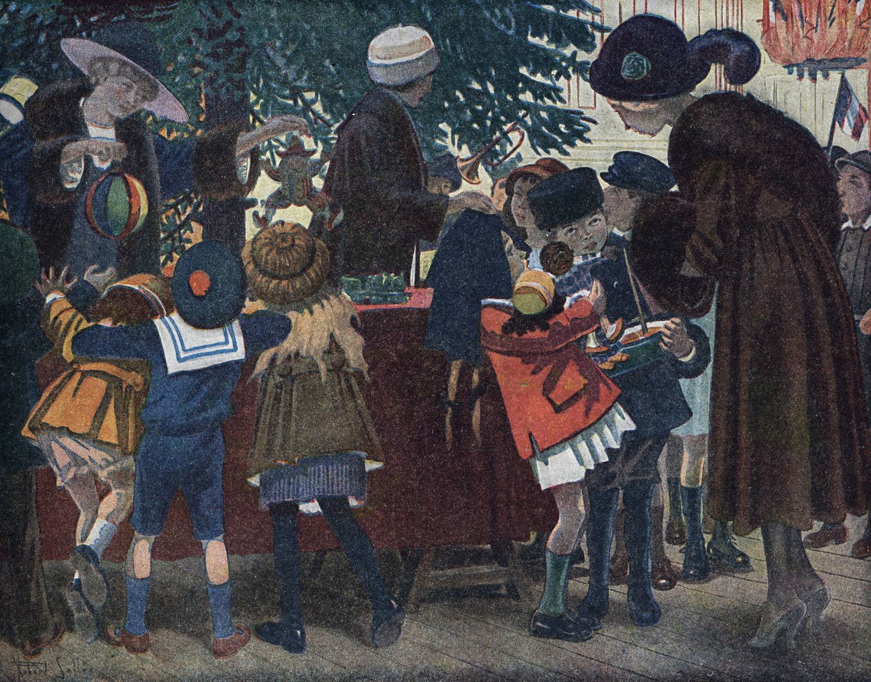 A árvore de Natal da Lorena Alsácia: crianças da Alsácia e da Lorena (Alsácia-Lorena) vêm buscar seus presentes em torno da árvore de Natal oferecida à cidade. Ilustração de Robert Salles (1871-1929) em "Je sais Lire". de Robert Salles