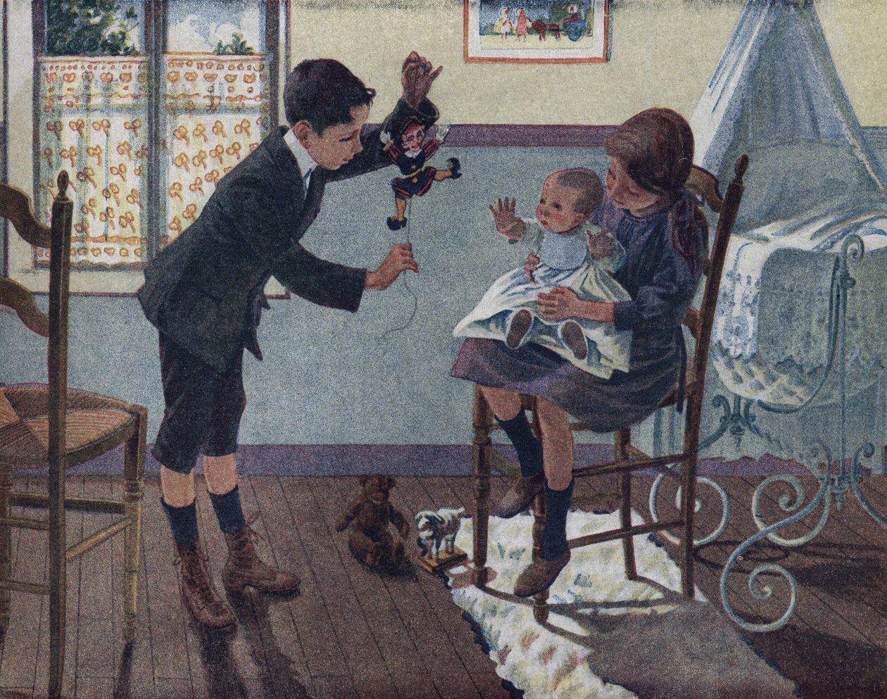 A educação do irmão mais novo: num quarto, um bebé sentado no colo da irmã mais velha olha para o boneco que o seu irmão acorda. Ilustração de Robert Salles (1871-1929) em "Je sais Lire". de Robert Salles