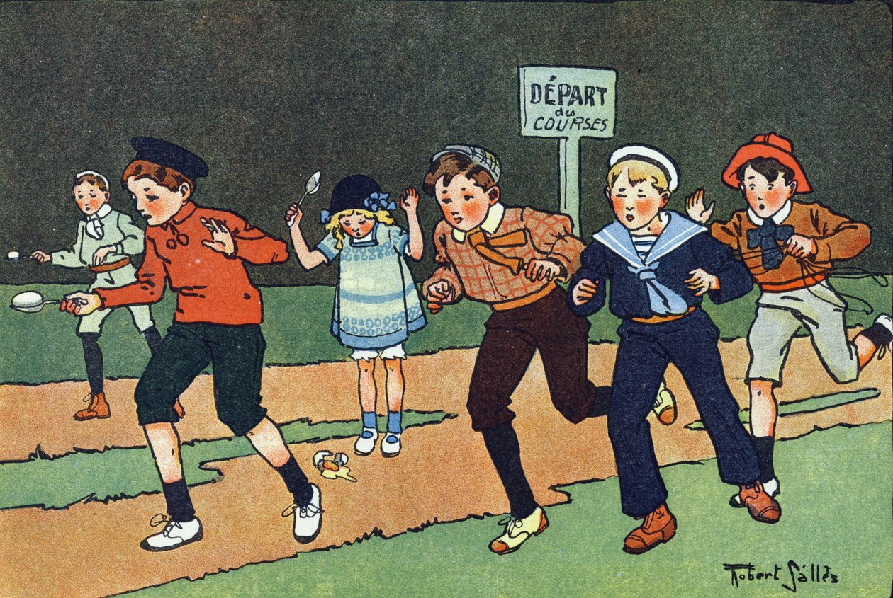 A raça dos ovos. Gravação em "O que estamos a jogar? "por E. Weber com desenhos a aguarela de Robert Salles (1871-1929). Librairie Garnier Freres, Paris de Robert Salles