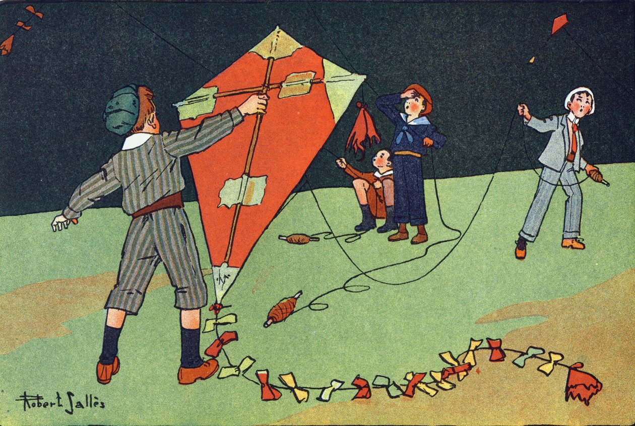 O papagaio voador. Gravação em "O que estamos a jogar? "por E. Weber com desenhos a aguarela de Robert Salles (1871-1929). Librairie Garnier Freres, Paris de Robert Salles