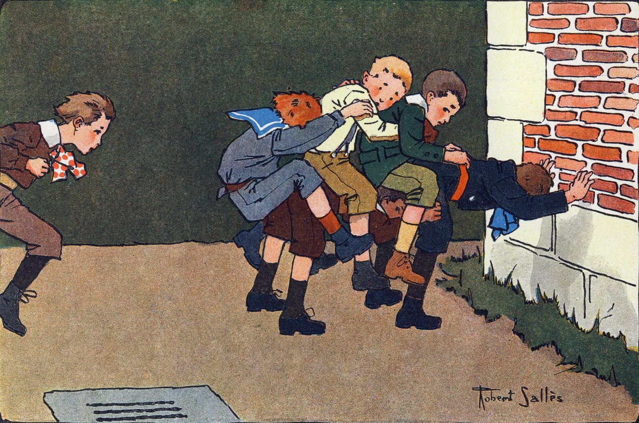O cavalo derreteu (quando você salta, você tem que pular um califurchon nas costas de outra criança, sem bater nos outros). Gravação em "O que estamos a jogar? "de E. Weber com desenhos a aguarela de Robert Salles (1871-1929). Librairie Garnier Frere de Robert Salles