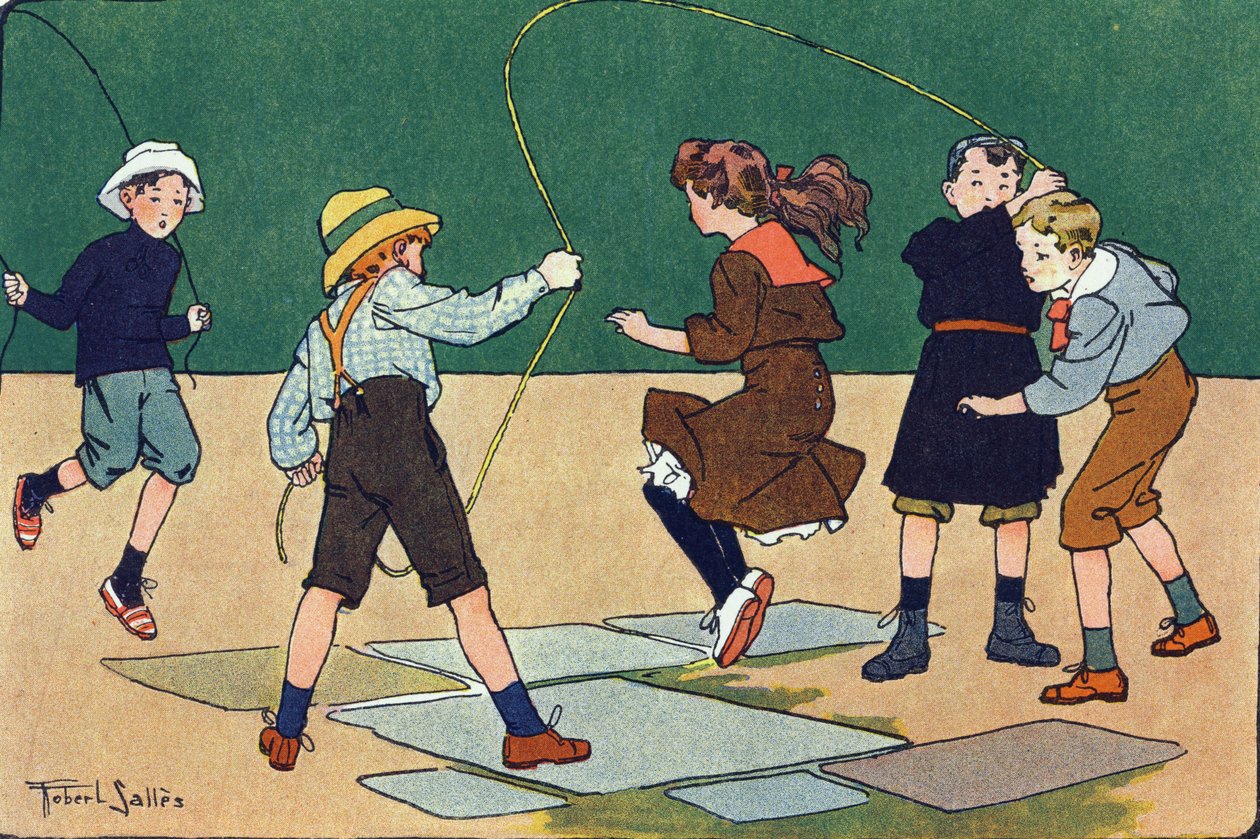 O salto tem a corda. Gravação em "O que estamos a jogar? "por E. Weber com desenhos a aguarela de Robert Salles (1871-1929). Librairie Garnier Freres, Paris de Robert Salles