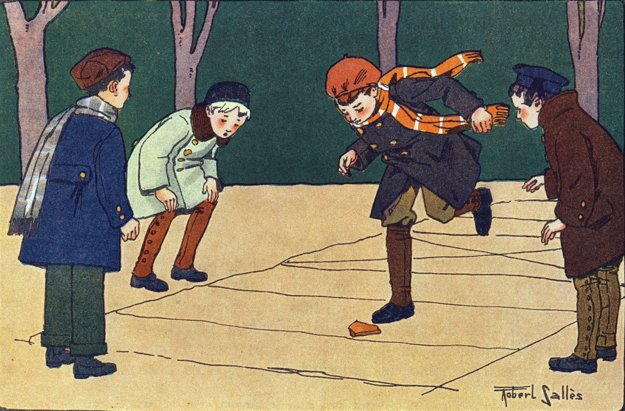 A Marelle. Gravação em "O que estamos a tocar? "por E. Weber com desenhos a aguarela de Robert Salles (1871-1929). Librairie Garnier Freres, Paris de Robert Salles