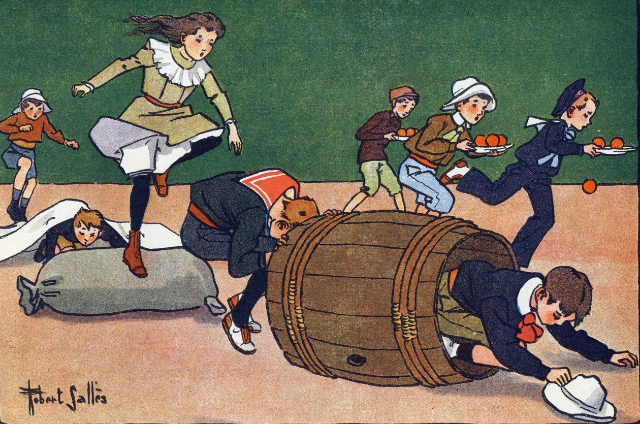 A corrida de obstáculos. Gravação em "O que estamos a jogar? "por E. Weber com desenhos a aguarela de Robert Salles (1871-1929). Librairie Garnier Freres, Paris de Robert Salles