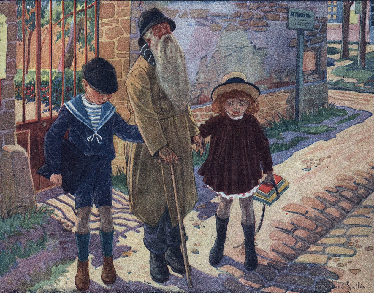 O pau dos cegos: duas crianças ajudam um velho cego a andar. Ilustração de Robert Salles (1871-1929) em "Je sais Lire". de Robert Salles
