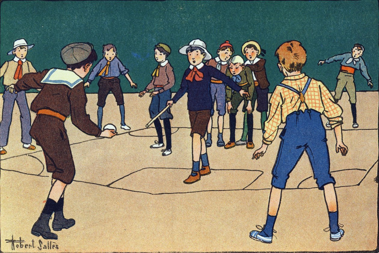 Theque (jogo de equipa com bola e pau). Gravação em "O que estamos a jogar? "por E. Weber com desenhos a aguarela de Robert Salles (1871-1929). Librairie Garnier Freres, Paris de Robert Salles