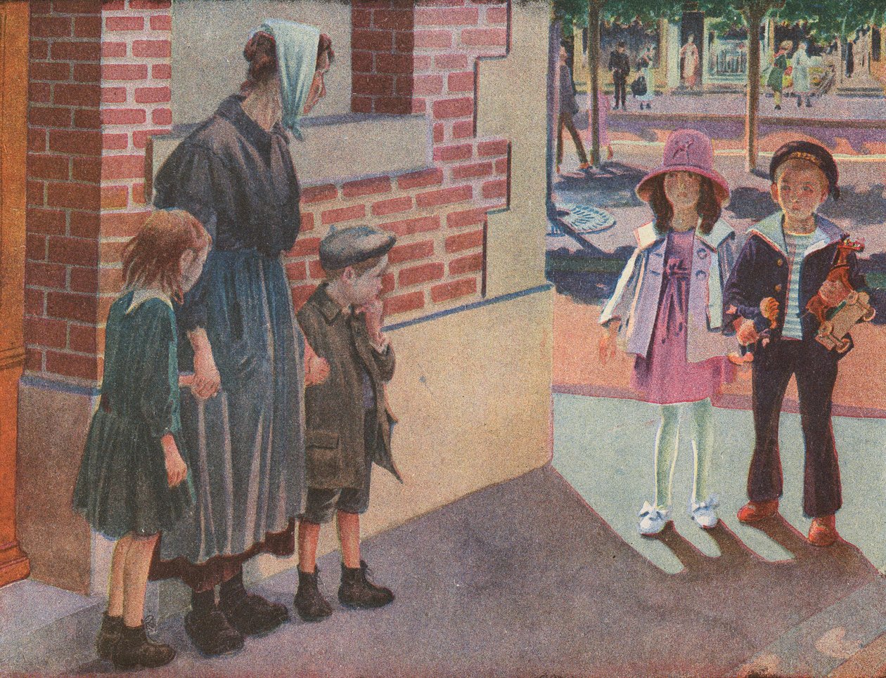 Duas crianças ricas encontram uma mãe pobre e os seus filhos a mendigar na rua (litografia a cores) de Robert Salles