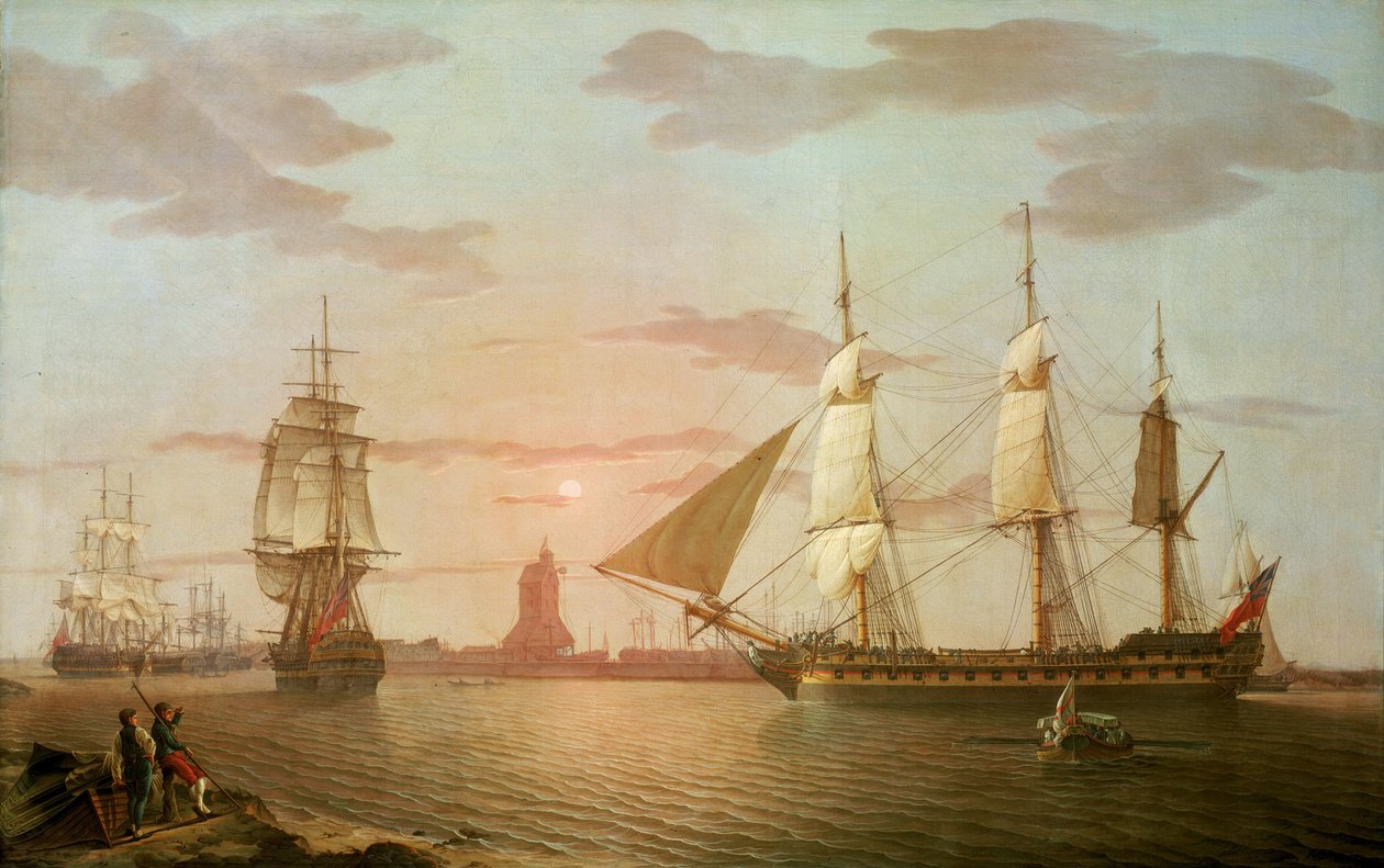 O navio indiano "Warley", um dos mais importantes navios da Companhia Britânica das Índias Orientais, descrito em três posições, ao largo de Blackwall (Inglaterra) de Robert Salmon