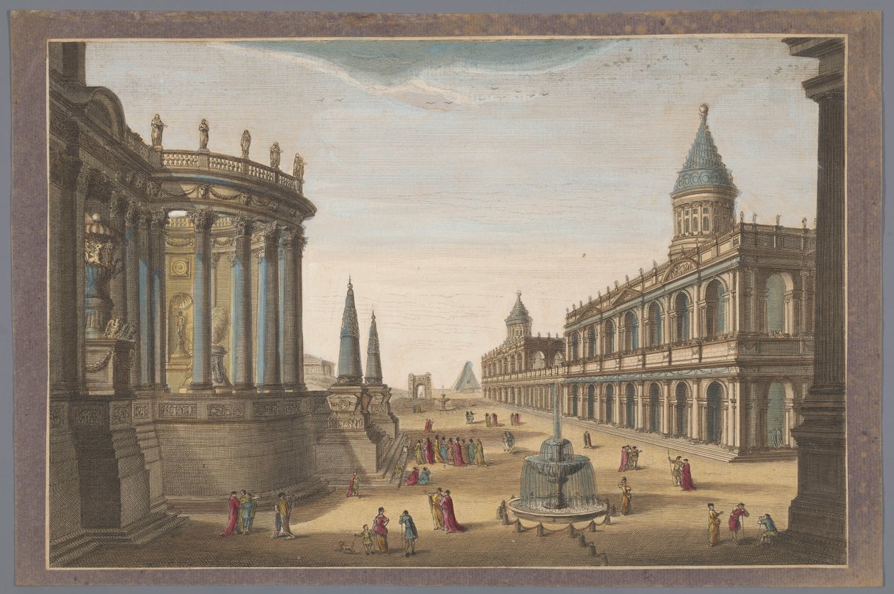 Vista do Templo de Vesta, da Pirâmide de Cestius e outras estruturas em Roma
Roma no seu esplendor original (título sobre o objecto) de Robert Sayer (possibly)