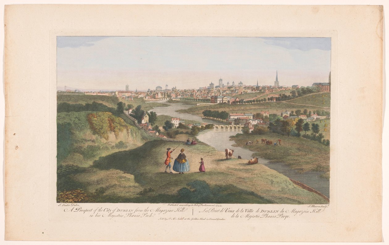 Gezicht op de stad Dublin gezien vanaf Phoenix Park
Uma perspectiva da cidade de Dublin da Colina da Revista em Sua Majestade Phoenix Park (título sobre o objecto) de Robert Sayer (possibly)