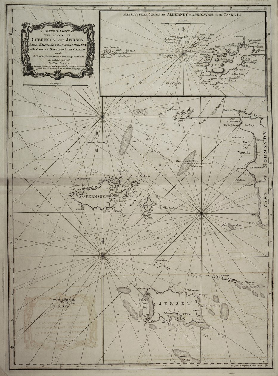 Carta geral das ilhas de Guernsey e Jersey, Sark, Herm, Jethou e Alderney, com o Cabo da Haia e os Caskets de Robert Sayer