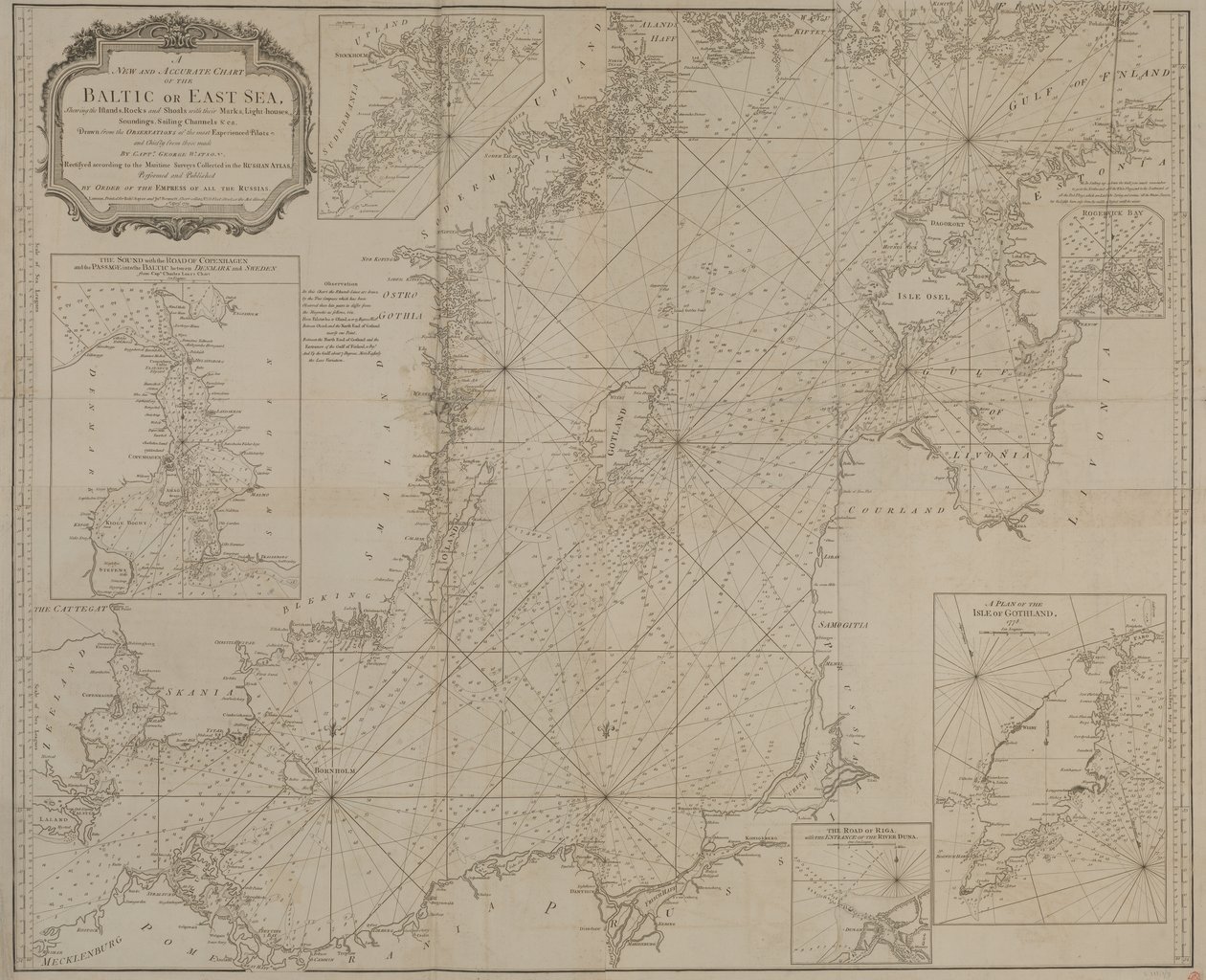 Uma carta nova e exacta do Mar Báltico ou do Mar do Leste, mostrando as ilhas, rochedos e baixios com as suas marcas, faróis, sondagens e canais de navegação de Robert Sayer